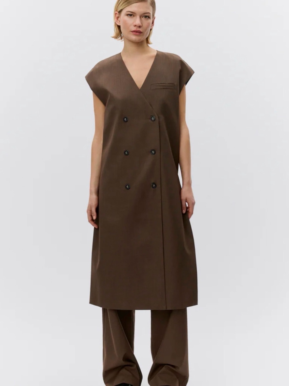 DAY Sleek Double-Breasted Brown Wool blend Sleeveless Vest Dress Size EU 32 NWT
